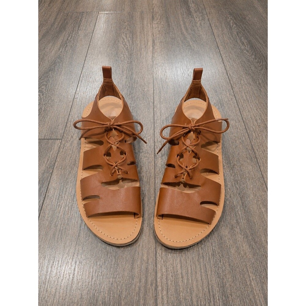 Wild Diva Womens 7.5 Brown Lace Up Gladiator Sandals Boho Caged Cutout Flat